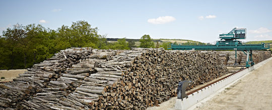 Le parc à bois de carbonisation avec son chariot de manutention, photo Carbonex